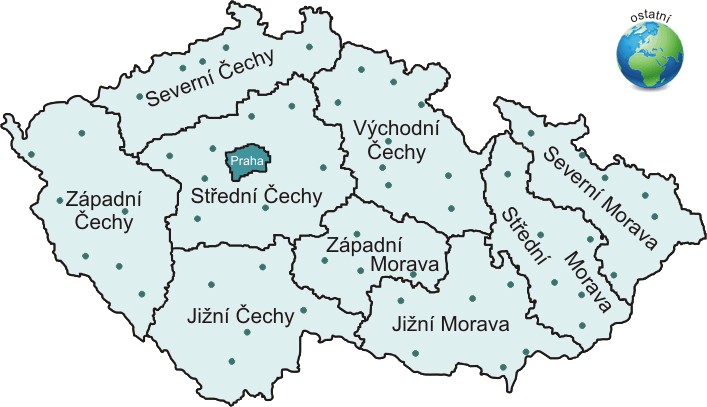 Mapa oblastí ČR + svět