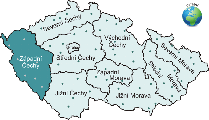 Mapa oblastí ČR + svět