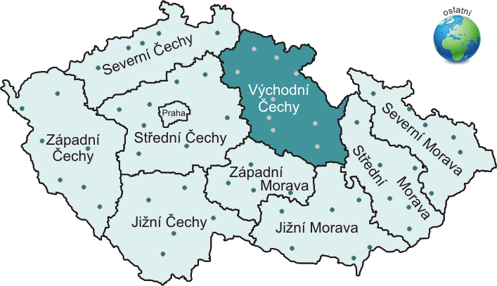 Mapa oblastí ČR + svět